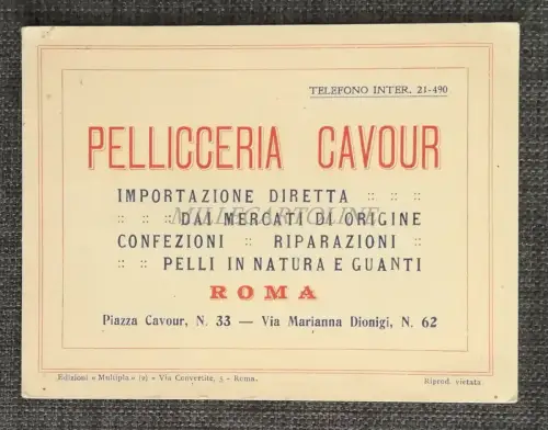 PELLICCERIA CAVOUR - Rom - Werbekarton, Karte
