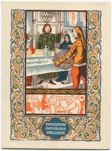 Italienische Generalschifffahrt, Faltblatt, illustrierte Szene aus "Il Decamerone" m