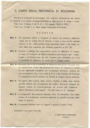 BOLOGNA, März 1944, Dekret Landeshaupt, Einsatz von Transportmitteln m