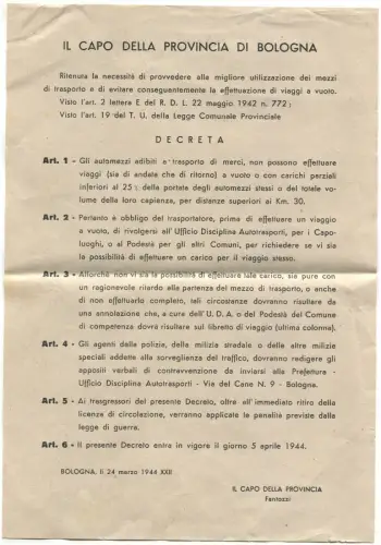 BOLOGNA, März 1944, Dekret Landeshaupt, Nutzung von Transportmitteln m