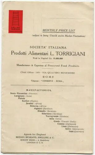Faltbare Preisliste, Lebensmittel L. Torrigiani, Rom m