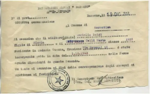 BASSANO, Dez 1943, Alpenbataillon „Bassano“, militärische Eingliederung m