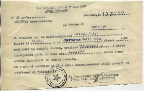 BASSANO, Dez 1943, Alpenbataillon "Bassano", militärische Eingliederung m
