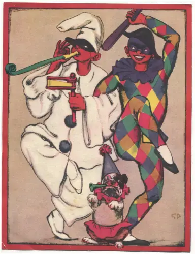 Bilderplakat GP, Karneval, mit Küken, Harlekin und kleinem Hund m
