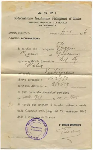ANPI, Ass. Partisanen, Direktion VICENZA, Partisanenerklärung, 1946 m