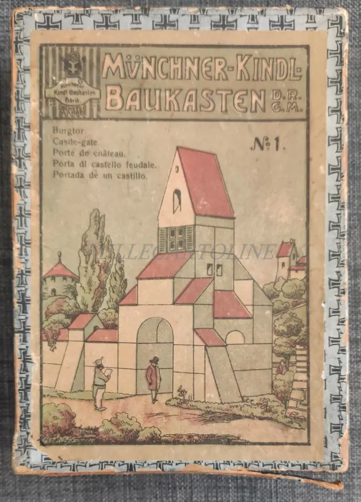 MÜNCHNER-KINDL-BAUKASTEN Nr.1 - Holzbauspiel 12 Gebäude 1920 um 0
