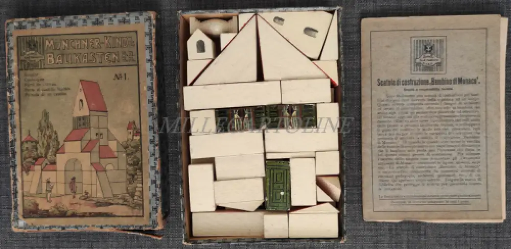 MÜNCHNER-KINDL-BAUKASTEN N°1 - Holzbauspiel 12 Gebäude 1920 um 1