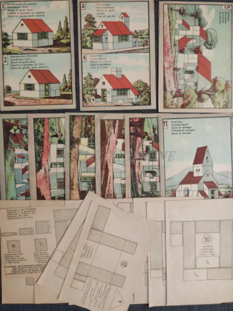 MÜNCHNER-KINDL-BAUKASTEN N°1 - Holzbauspiel 12 Gebäude 1920 um 3