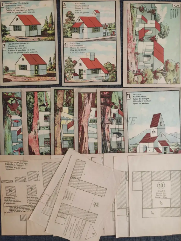 MÜNCHNER-KINDL-BAUKASTEN Nr.1 - Holzbauspiel 12 Gebäude 1920 um 3