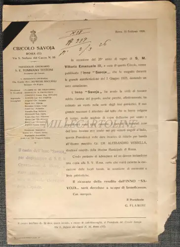 CIRCOLO SAVOJA ROM - Partitur Hymne 25. Jahr Königreich Vittorio Emanuele III 1926