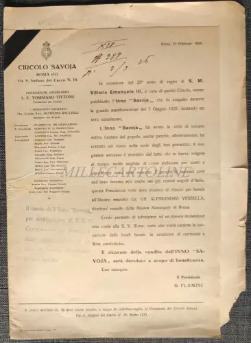 CIRCOLO SAVOJA ROM - Partitur Hymne 25. Jahr Königreich Vittorio Emanuele III 1926