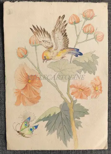 VOGEL, BLUMEN UND SCHMETTERLING – Bunte Aquarellskizze
