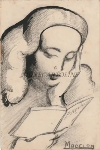 MADELON - Original Pencing Drawing - Woman, Prayer book 1940