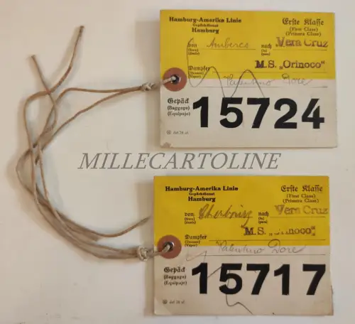 HAMBURG-AMERIKA LINIE - 2 1. Klasse Gepäckanhänger Vera Cruz Dampfschiff