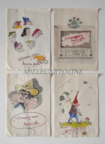SINCERES VOEUX ET BONNE FETE - 4 handbemalte Grußkarten 1948 Schneewittchen