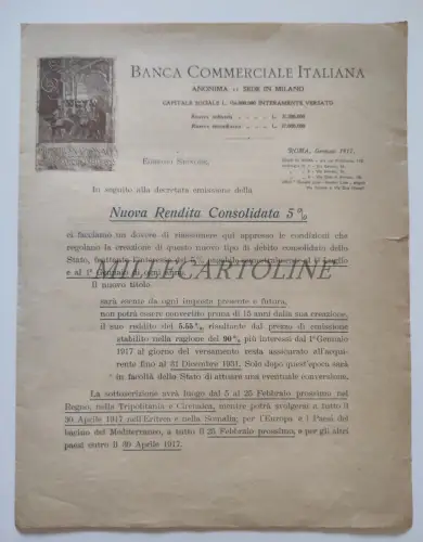 ITALIENISCHE HANDELSBANK - Broschüre Neue konsolidierte Rendite 5% 1917