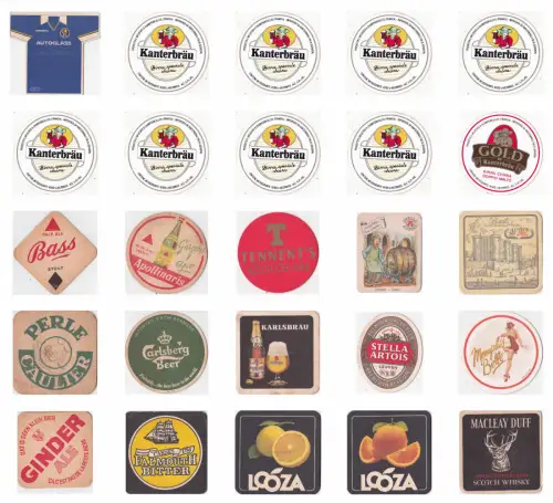 BIER - Kanterbräu, Bass, Tennent's, Stella Artois, 25 Untersetzer und Aufkleber Set
