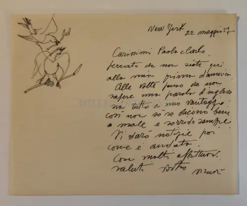 MARI' - Brief aus New York 1957 2 Federzeichnungen auf Karton geklebt 1953