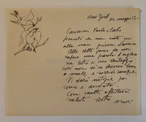 MARI' - Brief aus New York 1957 2 Federzeichnungen auf Karton geklebt 1953