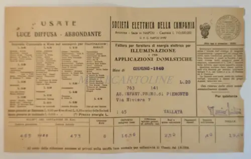 SOCIETÀ ELECTRIC CAMPANIA - Rechnung 1940 Triennale Oltremare Napoli Mancioli