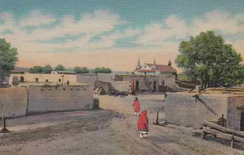 NEW MEXICO - Isleta Indian Pueblo, Alte Kirche in der Ferne