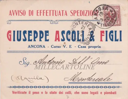 ANCONA: Spediz. G. Ascoli - 2-farbiger Kopf mit Artikelliste auf der Rückseite.1904