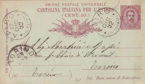 APIRO: 1892 Postkarte nach Turin Martini & Rossi