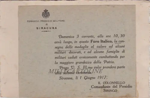 SYRAKUS: Militärpräsidium - 1917 Übergabe von Wertmedaillen an einige Soldaten...