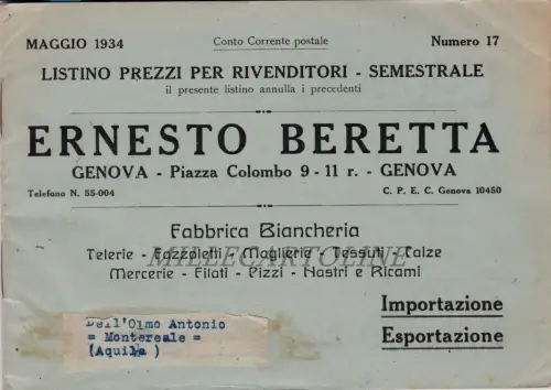 Genua: E. Beretta Wäschereifabrik 1934 - Preisliste 32 Seiten gesendet an..