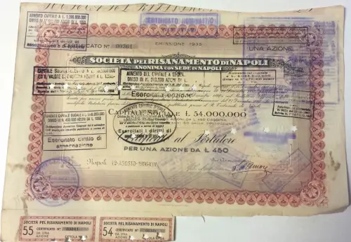 * AKTION - Società Sanamento di Napoli - Zertifikat pro Aktie von L.450 1936
