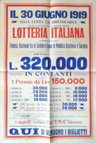 § LOTTERIA IT. 1919, ROM L. 320.000 - WANDBILD EVENT MIT BRIEF UND POSTER