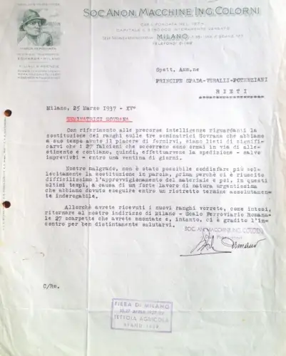 § SOC. ANON. MASCHINEN ING. COLORINI, MAILAND 1937 - BRIEF AN DEN SCHWERTPRINZEN