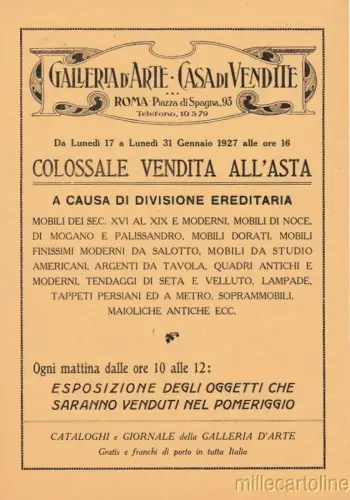 § 3 AUKTIONSANHÄNGE - Galleria d'Arte, Rom, Piazza di Spagna 1927