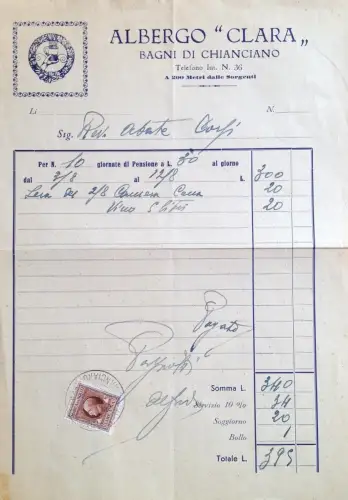 § HOTEL CLARA, BAGNI DI CHIANCIANO 1937 - RECHNUNG FÜR 10 TAGE PENSION