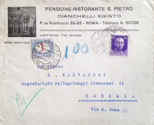 § ANNO SANTO 1933/34, UMSCHLAG INT. PENSION/RESTAURANT S.PIETRO, CIANCHELLI EGISTO