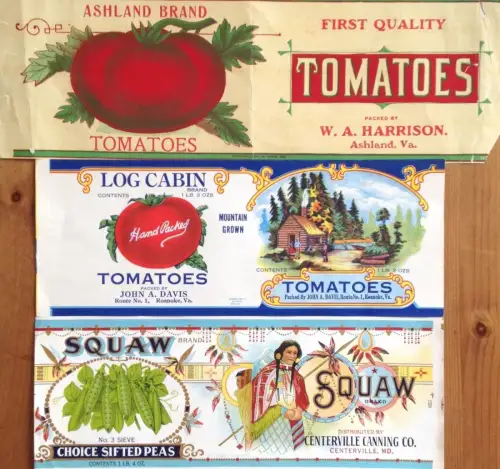 § 5 AMERIKANISCHE ETIKETTEN 30ER JAHRE VON TOMATENSCHACHTELN (VERSCHIEDENE FIRMEN)