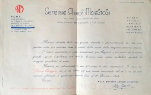 § GESCHENKGUTSCHEIN AUF BRIEFKOPF SIESERIE ATHOS MAESTOSI 1949