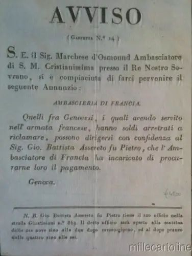 § HINWEIS DER FRANZÖSISCHEN BOTSCHAFT BEI DEN GENUESERN - Einziehung des Militärpreises