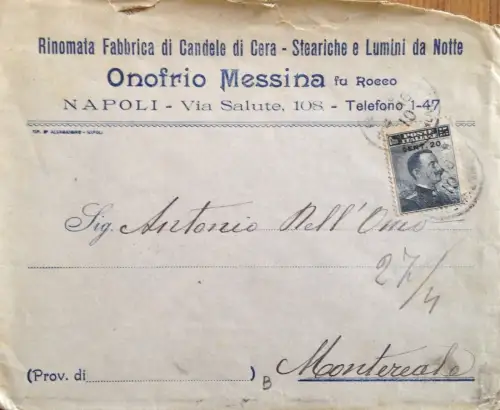 § BUSTA INTESTATA VIAGG. - ONOFRIO MESSINA, RENOMMIERTE WACHSKERZENFABRIK