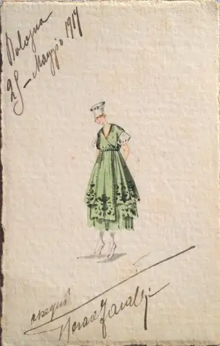 § BOLOGNA 1917 - FRAU FEIN AQUARELLIERT, DIS. ORIGINAL AUF WEISSEM PAPIER