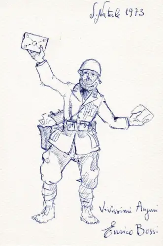 § GRUSSKARTE MIT STIFTZEICHNUNG SOLDAT BRIEFKASTEN - WEIHNACHTEN 1973