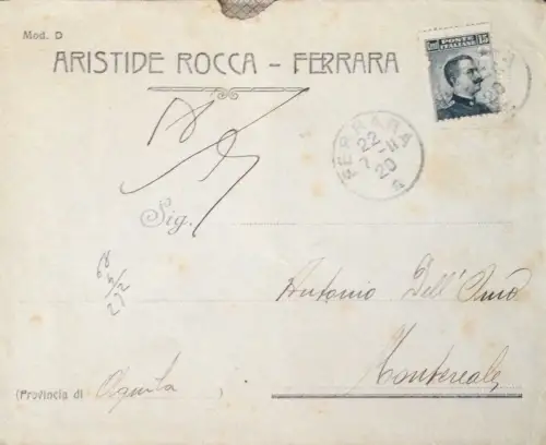 § BUSTA VIAGG. FÜR MONTEREALE 1911 - HEADER ARISTIDE ROCCA, FERRARA