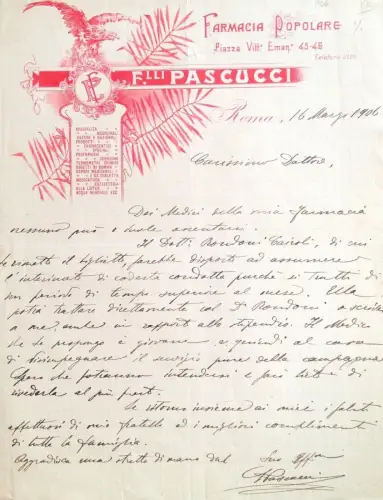 § BRIEFKOPF F.LLI PASCUCCI, VOLKSAPOTHEKE - ROM 1906