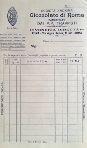 § BRIEFKOPF - SOC. ANONYME SCHOKOLADE VON ROM VON P.P. TRAPPISTI