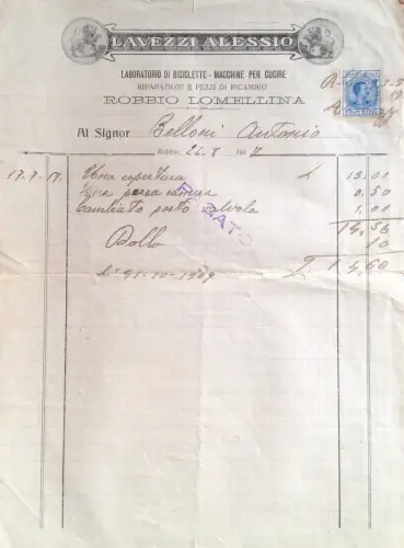 § INTESTKARTE. LAVEZZI ALESSIO, LAB. FAHRRÄDER - RECHNUNG MIT 10C-STEMPEL.