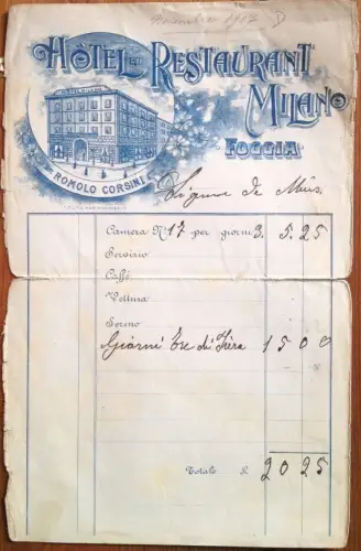 § BRIEFKOPF HOTEL UND RESTAURANT MAILAND, FOGGIA 1907 - KONTO PRO ZIMMER