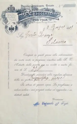 § BRIEFKOPF - PREISGEKRÖNTER STAB. ORTICOLO CAPECCHI & SONS - PISTOIA 1909