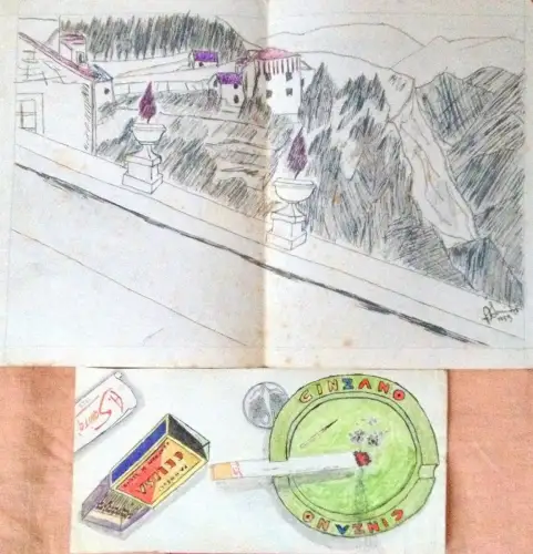 § CINZANO, DISNEY ETC. 1958 - 4 TEMPERA-SKIZZEN SIGNIERT A.SANITA'