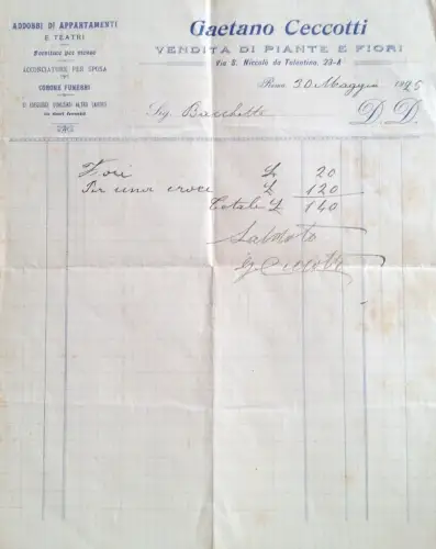 § BRIEFKOPF GAETANO CECCOTTI, VERKAUF VON PFLANZEN UND BLUMEN - ROM 1925