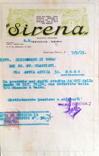 § BRIEFKOPF SOC. ANONYME SERENA, GENUA-NERVI 1929 - TRAPPISTENRECHNUNG